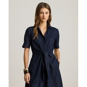 Lauren Ralph Lauren Linen Tie-Front Shirt Dress, Classic Navy, Midi Casual,‎ 00